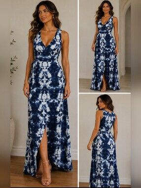 Ardene Blue & White Tie-Dye Wrap Maxi Dress | Size Medium